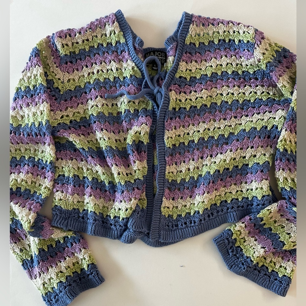 Major Major Women’s Striped Knit Long Cropped Crochet Cardigan Sweater, L